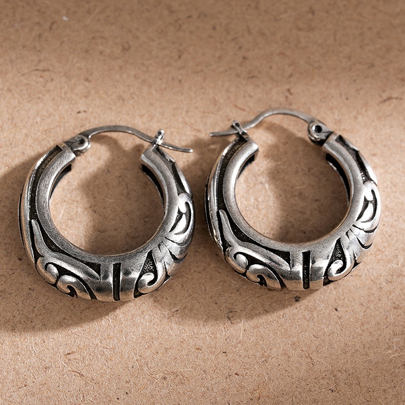 Women's Vintage Engraved Pattern Circle Hoop Earrings, Huggie Style